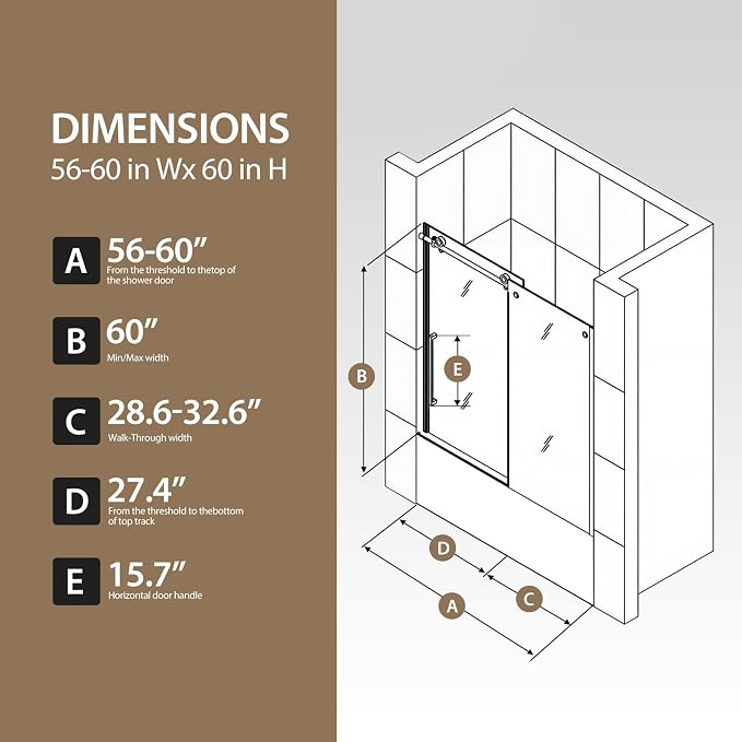 Frameless Bathtub Shower Doors 56-60" W x 60" H, 5/16" Tempered Glass Sliding - Image 8