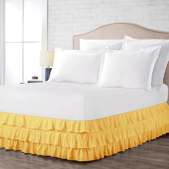 Multi-Ruffle Bed Skirt, Soft Multi Ruffle Bed Skirt Elastic Dust Ruffles with Wrap Around Bed Skirt Easy Fit with 18 Inch Drop 100% Cotton 800 Thread Count Bed Skirt (Full XL, Gold)