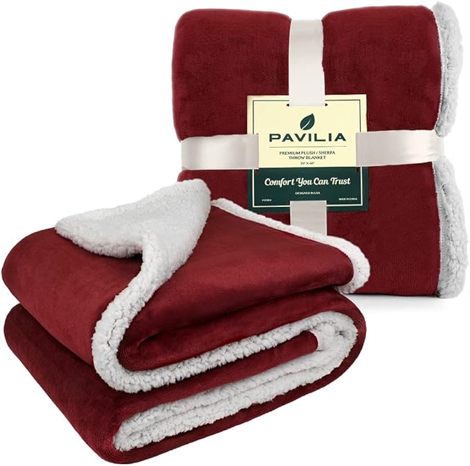 PAVILIA Sherpa Fleece Throw Blanket for Couch, Maroon Red, Plush Soft Fuzzy Sofa Blanket, Cozy Reversible Winter Throw for Women Men, 50x60 Inches