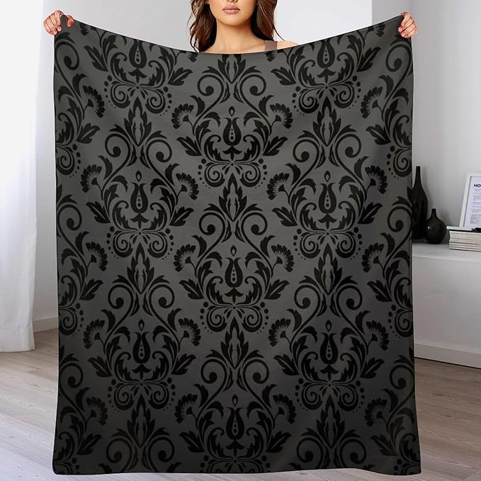 Black Damask Blanket, Antique Victorian Style Gothic Vintage Black Floral Bohemian Exotic Print Blanket for Sofa Bed Decor Fuzzy Blanket Twin, 40"x50"