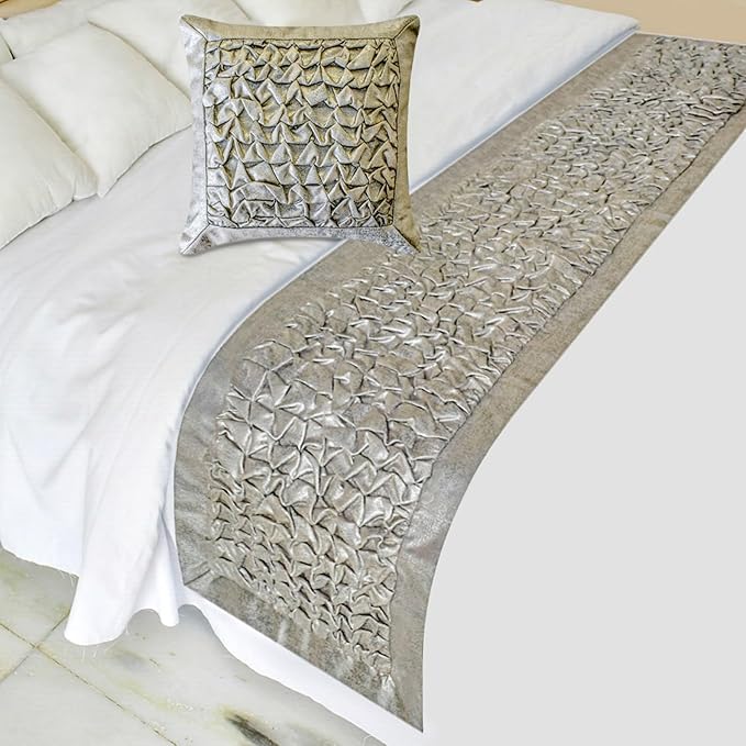The HomeCentric King/Queen/Twin Silver Decorative Bed Runner Twin 53"x18" Bed Runner with One Pillow Cover, Foil, Knotted,Textured Bed Scarf on Jacquard Fabric - Polished Silver
