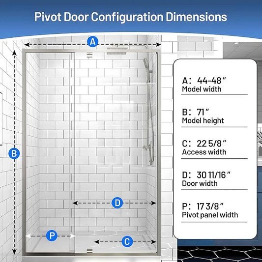 Pivot Glass Shower Door, 44-48" W x 71" H, 1/4" Clear SGCC Tempered Glass - Image 2