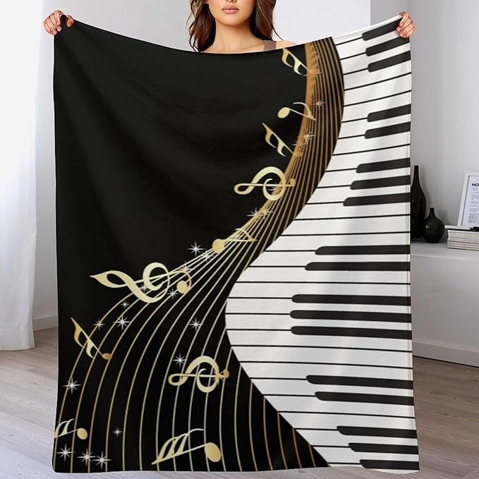 Music Note Blanket Black White Piano Keys Gold Music Note Soft Cozy Lightweight Throw Blanket for Kids Girls Boys Bedroom Living Room Dorm Chair Sofa Travel 60x80in
