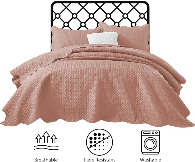 IR Imperial Rooms King Quilt Bedding Set Size (106" x 96") + 2 Pillow Shams (20" x 36"+ 2") - 3 Pcs All Season Lightweight Reversible Microfiber Coverlet Embossed Quilt Bedspread (Peach/Baby Pink)
