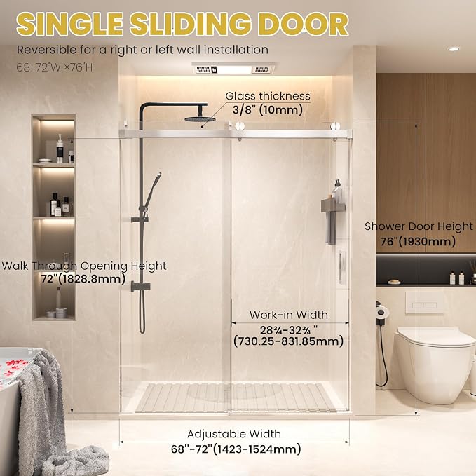 Shower Door 68–72in W x 76 in H, 3/8" Tempered Glass Sliding Shower Door - Image 7