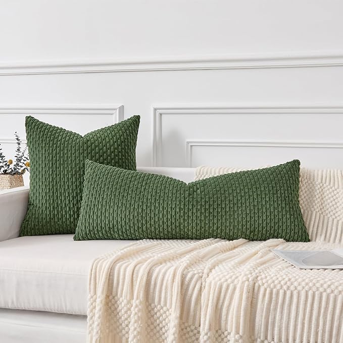 Kevin Textile 14x36 Inch Long Lumbar 1 Pack Boho Decorative Throw Pillow Cover Soft Striped Corduroy Rectangle Cushion Case Farmhouse Solid Color Accent for Living Room Couch Sofa Bed, Moss Green