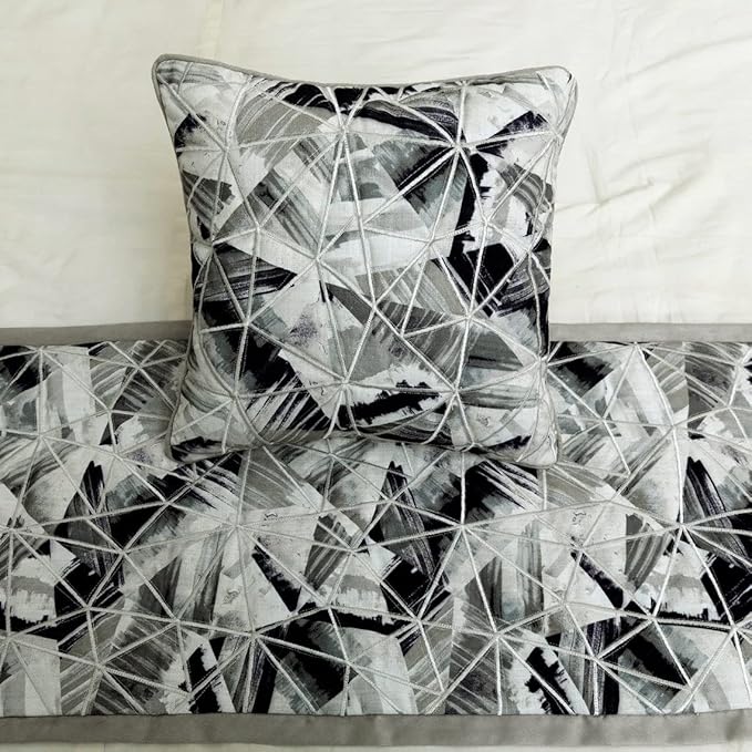 The HomeCentric King/Queen/Twin Grey Decorative Queen 74"x18" Bed Runner with Pillow Cover, Print & Embroidery Bed Scarf on Cotton Fabric - Grey Angular