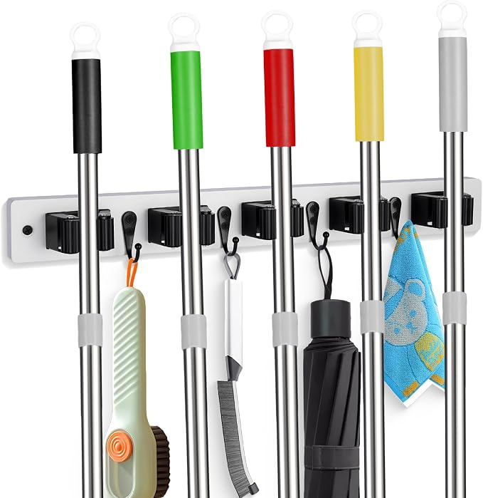 Broom Holder Wall Mount With 5 Slots & 4 Hooks,Rustic Wood Broom & Mop - Image 8