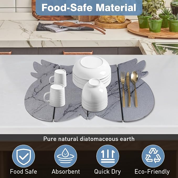 Large Stone Dish Drying Mat for Kitchen Counter, Owl Shape Design Drying Pads - Image 7