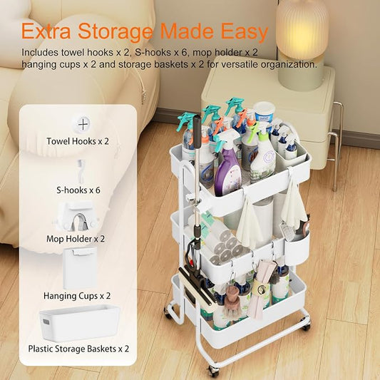 3 Tier Metal Rolling Utility Cart Organizer, Cleaning Supplies Carts - Image 2