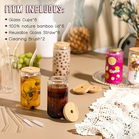 NETANY Drinking Glasses with Bamboo Lids and Glass Straw - 16oz Glass Cups - Image 2