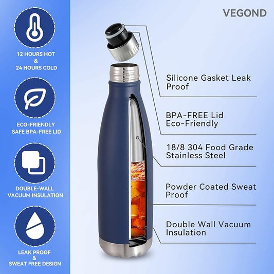 VEGOND 17oz Stainless Steel Water Bottles, Reusable Metal Sports Water Bottle - Image 2