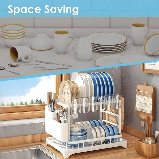Dish Drying Rack for Kitchen Counter 2 Tier Iron Dish Drainer - Image 3