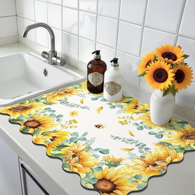LOKHOM Scalloped Floral Dish Drying Mat, Cuttable Hide Stain Non-slip Drying Mat - Image 9