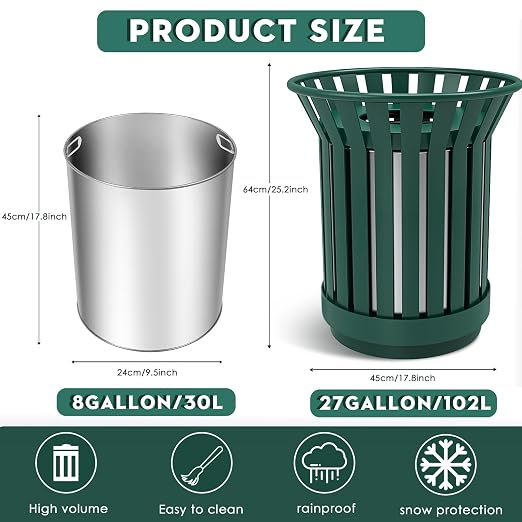 Round Heavy Duty Outdoor Trash Can, Large Metal Slatted Garbage Can - Image 2
