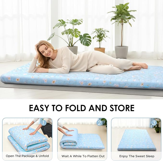 Japanese Floor Mattress, 3.5" Thicken Floral Pattern Portable Futon Mattress, 100% High-Density Foam Tatami Mat Sleeping Pad for Camping Guest Room Dormitory RV, Light Blue, Twin