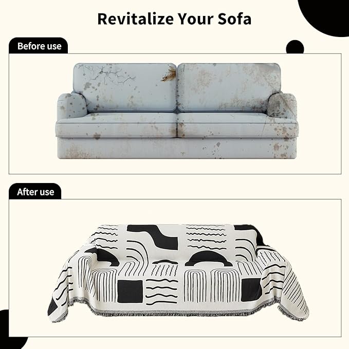 Boho Chenille Couch Cover with Tassels, Bohemian Sofa Cover for 3 Cushion Couch, L-Shaped Sectional, Loveseat, 2/3/4 Seater (71" x 118", Black)
