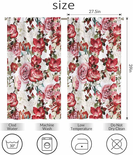 Vintage Floral Kitchen Curtains Red Pink White Peony Roses Bouquet Short Tier - Image 2