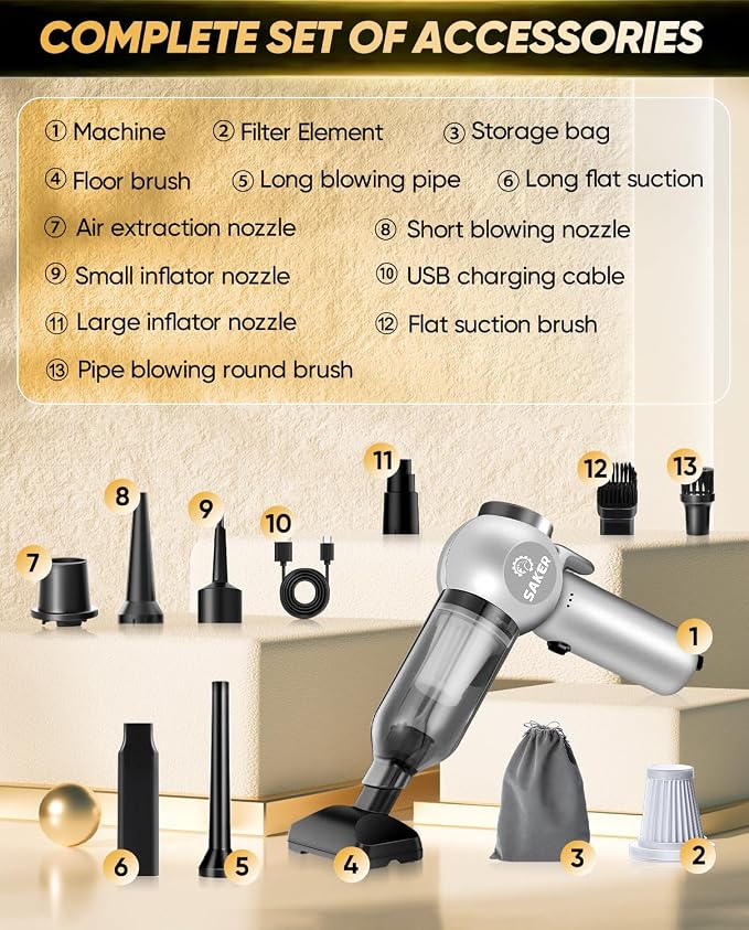 Saker Car Vacuum Portable 6-in-1 Handheld Cordless Vacuums, 20000PA Suction - Image 8