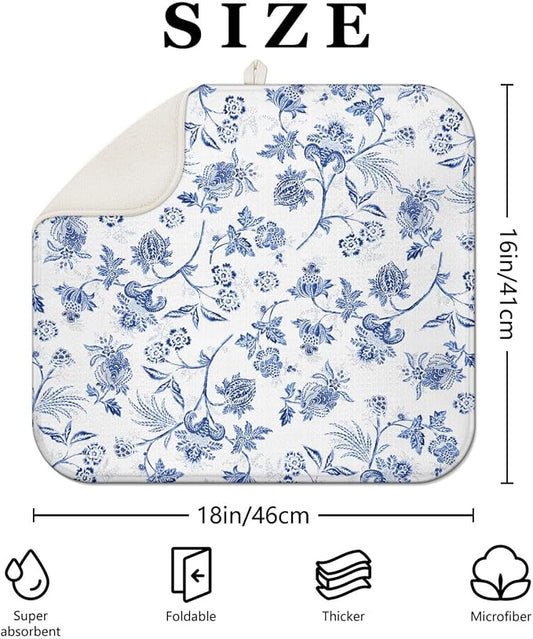 Blue Floral Dish Drying Mat for Kitchen Counter, French Farmhouse Style - Image 2