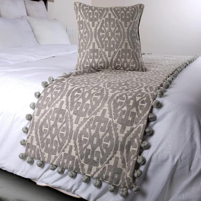 The HomeCentric Grey Bed Runner Without Pillow Cover, King Size 90"x18" Decorative Bed Runner, Grey Cotton Bed Scarf in Aztec Pattern with Tassels - Grey Aztec