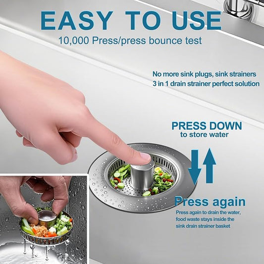 3-in-1 Kitchen Sink Drain Strainer & Stopper, Stainless Steel Food Catcher Plug - Image 2