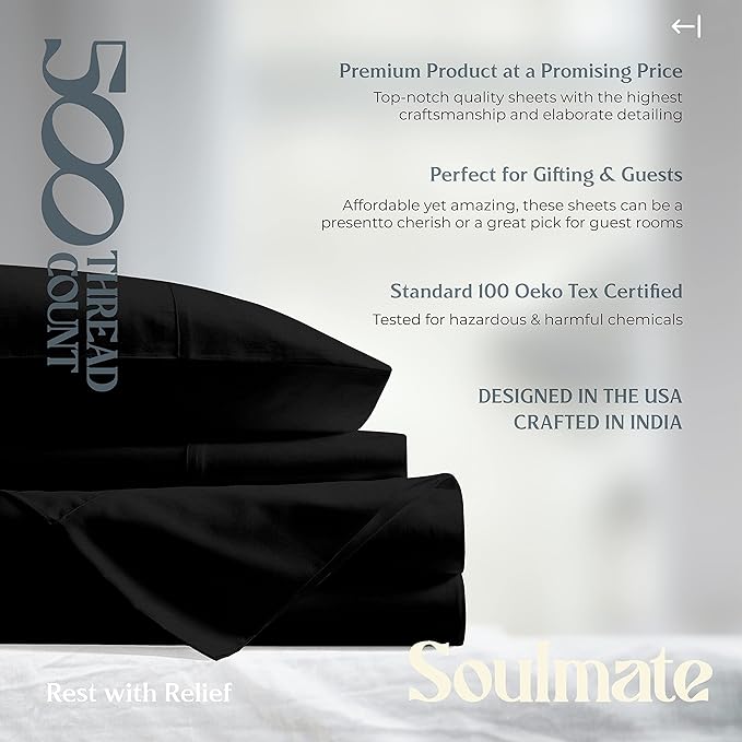 Mayfair Linen 500 Thread Count Twin Cotton Sheets - 3 PC Twin Size Bed Sheet Set Cotton (Black), Soft, Cooling, Sateen Hotel-Quality 16" Deep Pocket Bedsheet for Hot Sleepers (Fits 18" Mattress)