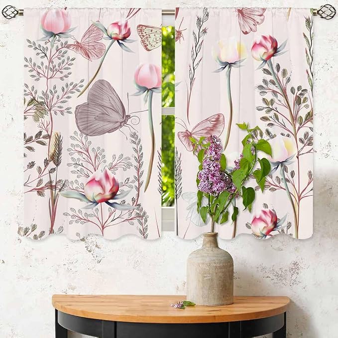 Pink Floral Kitchen Curtains Pretty Elegant Peony Rose Lovely Butterfly Short - Image 6