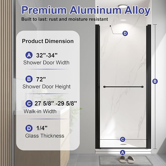 Frameless Pivot Shower Door 32"-34" W x 72" H, Swing Shower Glass Doors - Image 9