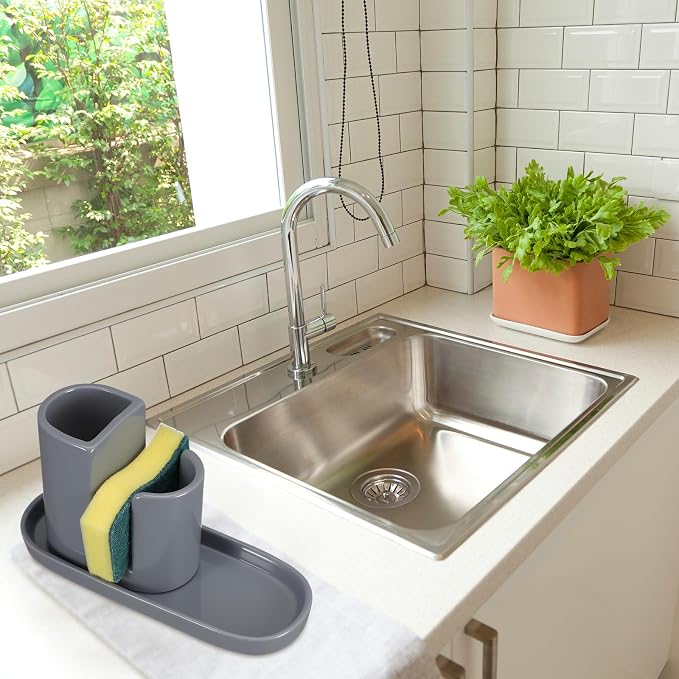 Geelin 3 in 1 Ceramic Kitchen Sink Caddy Dish Sponge Holder Scrub Brush Holder - Image 7
