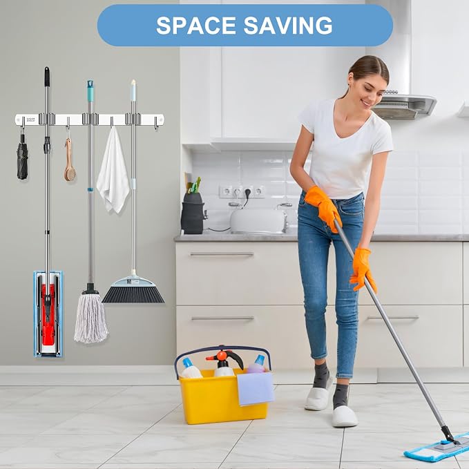 Mop and Broom Holder Wall Mounted, 3 Racks and 4 Hooks Broom, Upgraded - Image 6
