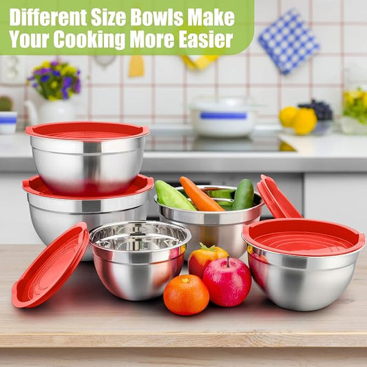 P&P CHEF Mixing Bowls with Airtight Lids Set of 5, 10-Piece Stainless Steel - Image 2