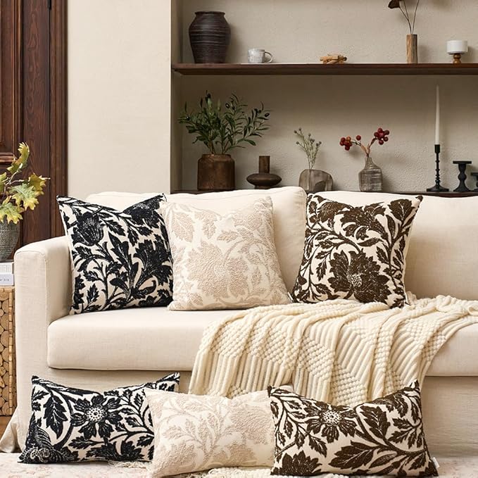 Yangest Chenille Floral Pillow Cover 18 x18 Inches, Neutral Jacquard Square Throw Pillow Cover Soft Decorative Nature Accent Couch Pillow Cover for Living Room Bedroom, Beige