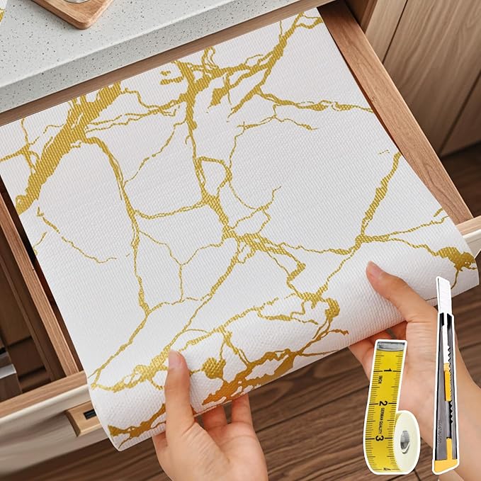 Drawer and Shelf Liner for Kitchen Cabinet Non Slip Waterproof Shelf Paper 23.6 in X 30 Ft Non Adhesive Refrigerator Liners Gold White Marble Easy Liners for Bathroom Cupboard