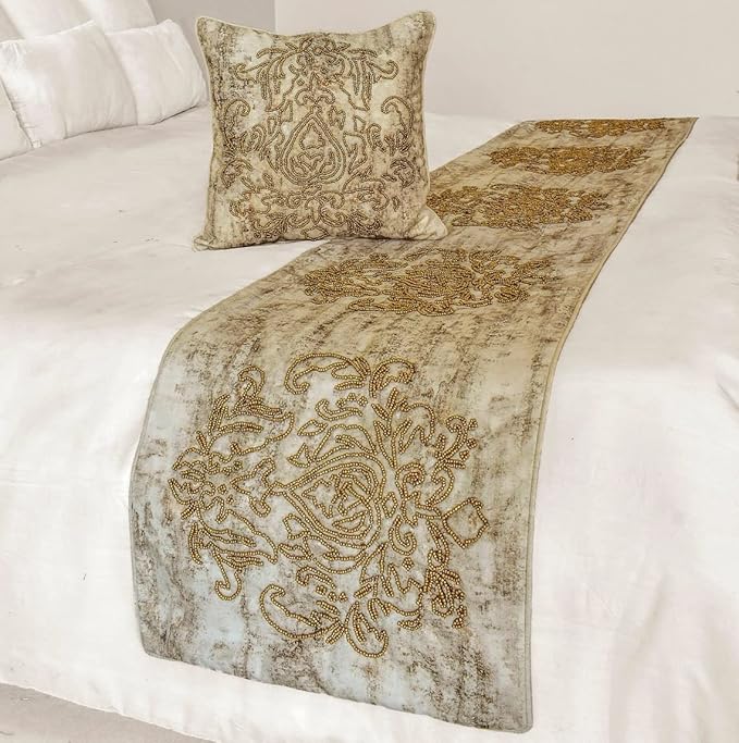 The HomeCentric King/Queen/Twin Ivory & Gold Decorative Queen 74"x18" Bed Runner Without Pillow Cover, Beaded & Foil Bed Scarf on Silk Fabric - Foil Damask Gold