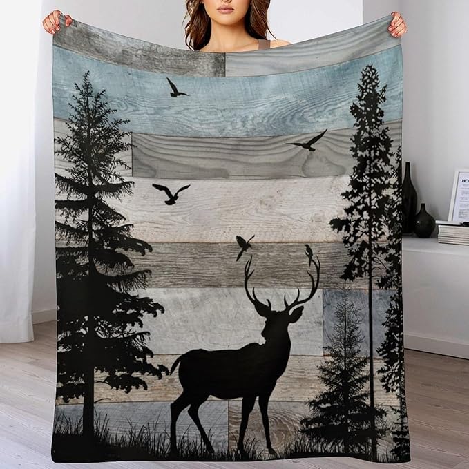 Rustic Deer Throw Blanket, Retro Cabin Farmhouse Country Lodge Blue Brown Wooden Board Wild Forest Animals Deer Bird Print Warm Cozy Blanket for Bed Couch Sofa Travel, 30"x40"