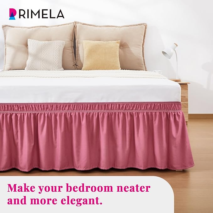 RIMELA Dusty Red Bed Skirt Queen Size 15 Inch Drop, Wrap Around Elastic Bedskirt, Dust Ruffle for Adjustable Bed Base Machine Washable Easy to Install Bed Skirts