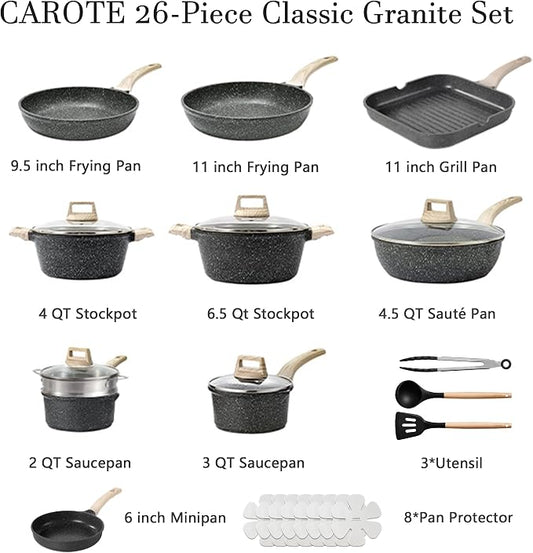 CAROTE 26Pcs Pots and Pans Set, Nonstick Cookware Sets, Granite Induction - Image 2