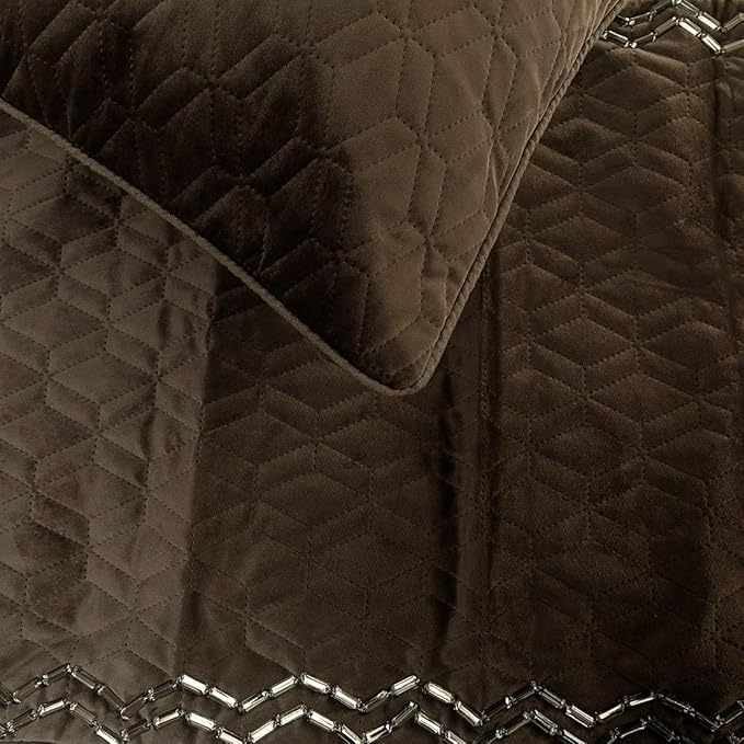 The HomeCentric King Queen Twin Brown Designer Twin 53"x18" Bed Runner with 2 Pillow Cover, Quilted & Crystals Bed Scarf on Velvet Fabric - Brown Diamond Symphony