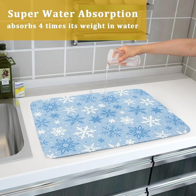 Winter Dish Drying Mat for Kitchen Counter 18x24 Blue White Snowflake Holiday - Image 7