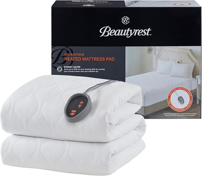 Beautyrest Cotton Blend Heated Mattress Pad Secure Comfort Technology - Luxury Quilted Electric Mattress Pad with Deep Pocket - 5-Setting Heat Controllers, Twin, White