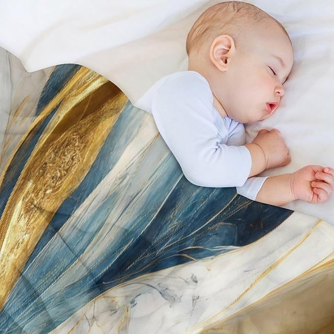 Abstract Marble Blanket, Modern Luxury Baroque Golden Blue White Stone Veins Pattern Soft Warm Cozy Plush Flannel Covers for Livingroom Bedroom Couch Chair Camping Travel Home Decor Tapestry 40x50in