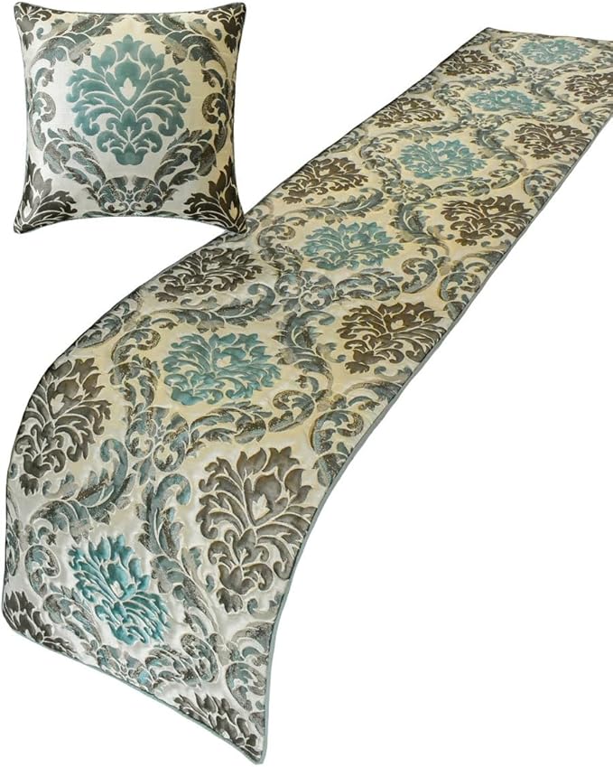 The HomeCentric King/Queen/Twin Blue Decorative Full 68"x18" Bed Runner with 2 Pillow Cover, Damask Bed Scarf on Jacquard Fabric - Royal Elegance