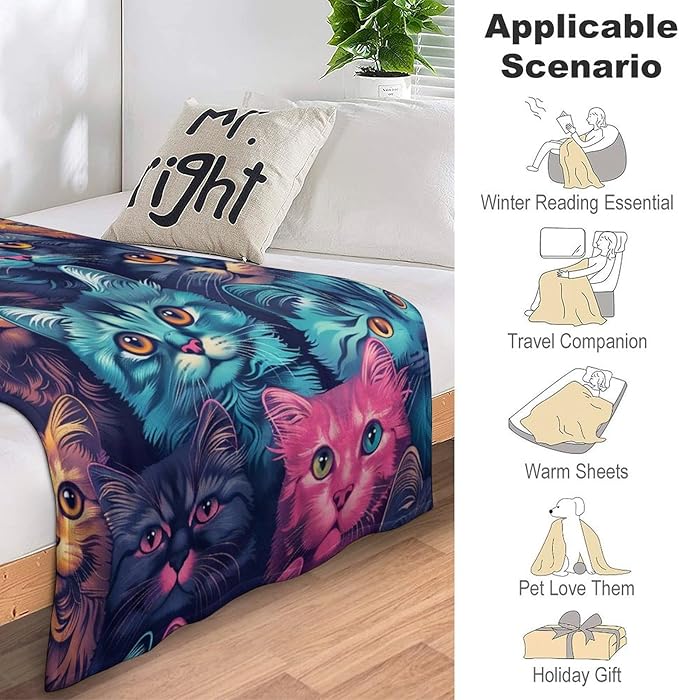 Funny Colorful Cat Print Blanket Kawaii Kitty Animal Throw Blankets Gifts for Couch Sofa Bed Stuff Decor Soft Cozy Fleece Plush Warm Flannel Bedding for Lover Men Women 40"x50"