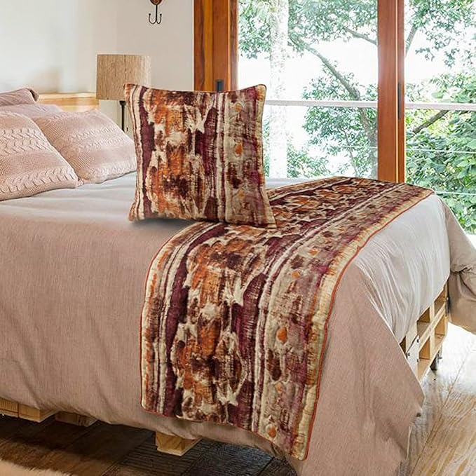 The HomeCentric King Queen Twin Pink & Orange Designer CA King 86"x18" Bed Runner with 2 Pillow Cover, Ikat & Quilted Bed Scarf on Cotton Printed Fabric - Ikat Splash