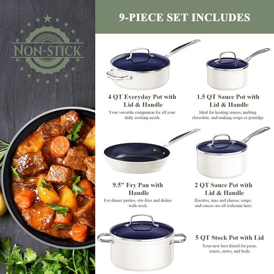 Nuwave 9pc Cookware Set Healthy Duralon Blue Ceramic Nonstick Coated, Diamond - Image 2
