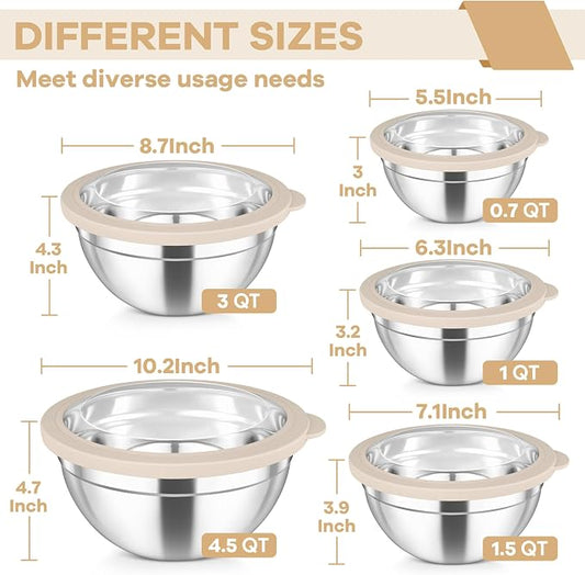 TeamFar Mixing Bowls, 4.5/3/1.5/1/0.7 QT Stainless Steel Nesting Salad Bowls - Image 2