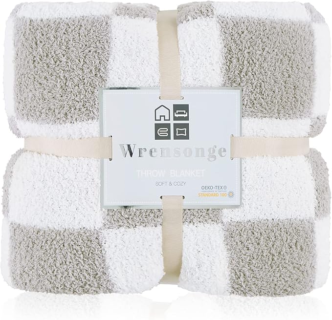 WRENSONGE Checkered Throw Blanket, Light Grey Soft Cozy Fluffy Warm Hand Made Throw Blankets for Couch, Sofa, Chair, Bed, Camping, Picnic, Travel Lightweight Bed Blanket - 50"*70"