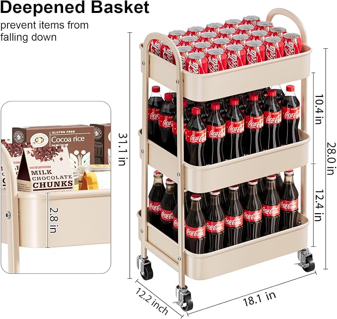 Beige 3 Tier Rolling Cart Metal on Wheels, Three Tiered Storage Organizer - Image 9