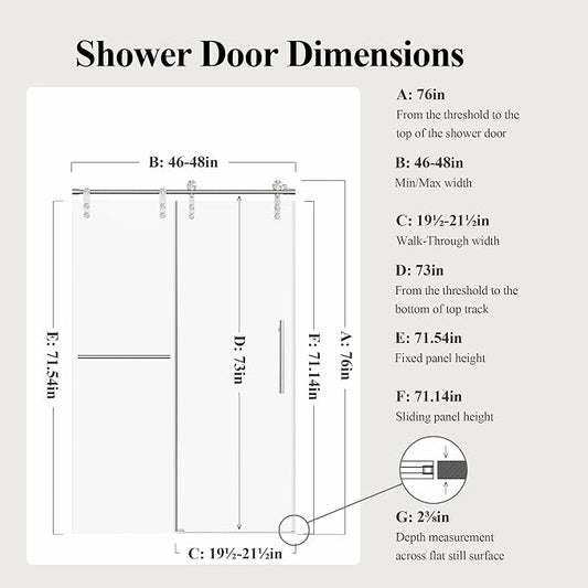46-48" W x 76" H Frameless Sliding Shower Door, Safety Bathroom Single Sliding - Image 2